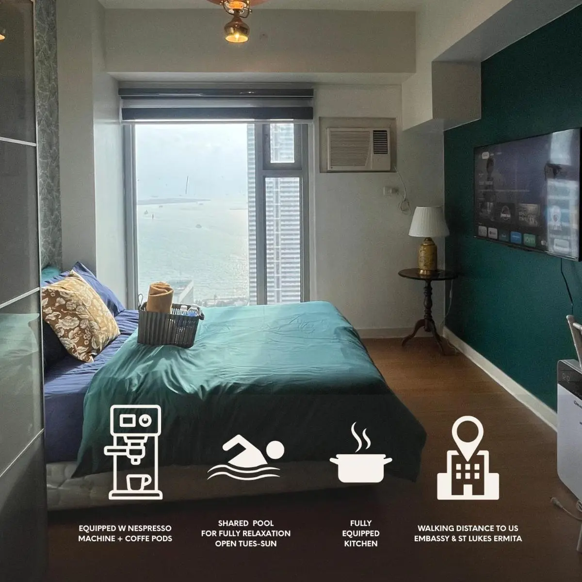 Image 3 of Studio Sea View Unit – Walking distance to US Embassy and St Lukes Ermita! with 50″ Smart TV, Wifi, Netflix & Prime!