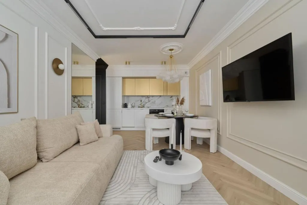 Image of Luxurious 13th Floor Beige Apartment in Wrocław with Furnished Balcony by Renters Prestige